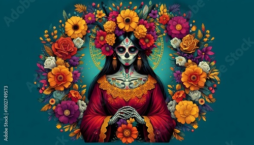 Woman with traditional Mexican Day of the Dead mask