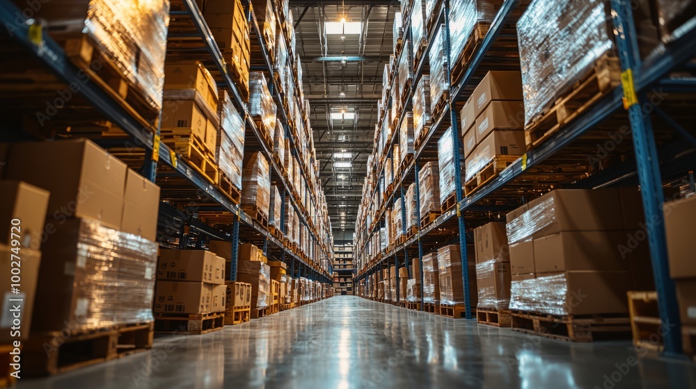 Large warehouse with tall shelves filled with boxes and packages Large warehouse with tall shelves filled with boxes and packages
