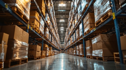 Large warehouse with tall shelves filled with boxes and packages