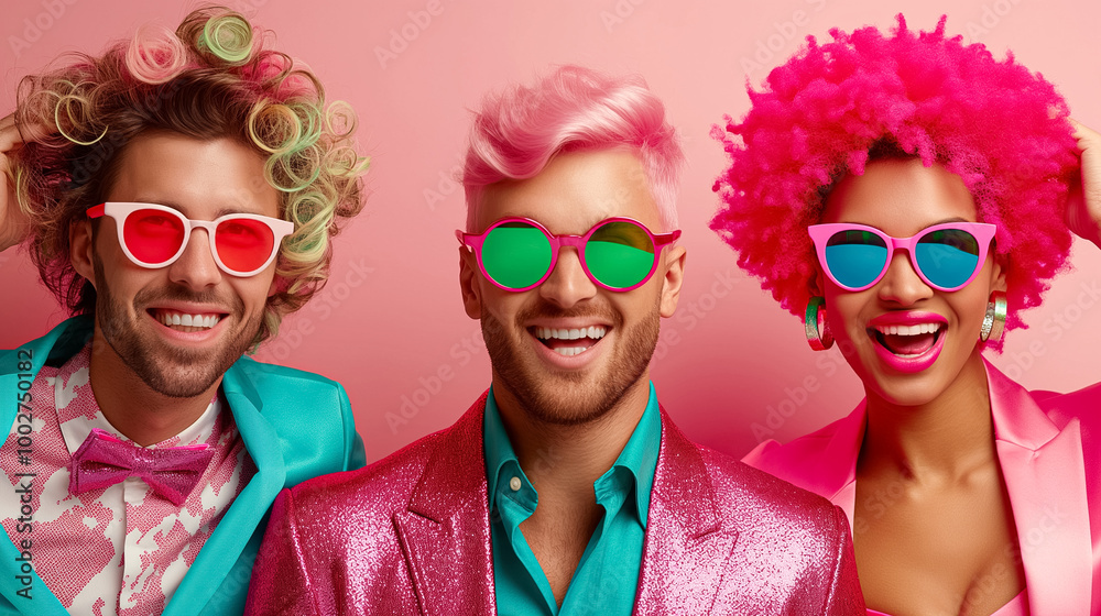 Obraz premium A dynamic team of four individuals express their creativity through colorful clothing and accessories, posing joyfully against a bright pink background, exuding a fun and lively atmosphere