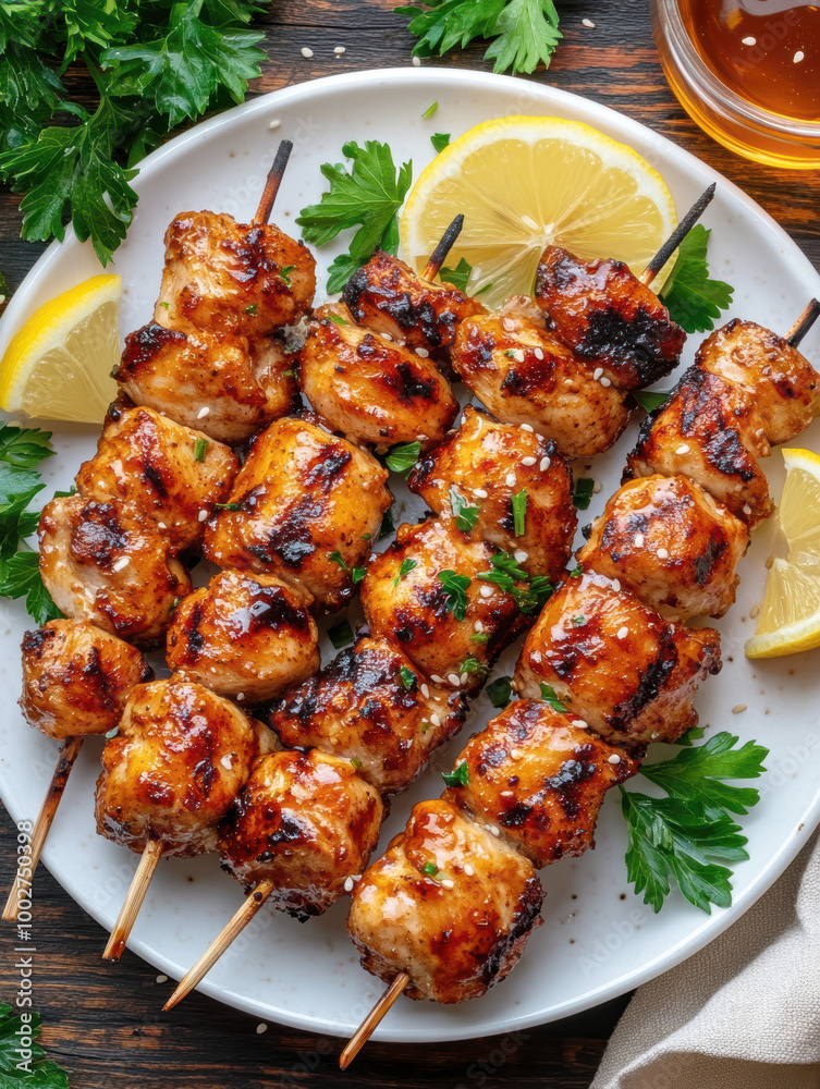 juicy honey chicken skewers . AI generative. juicy honey chicken skewers . AI generative.