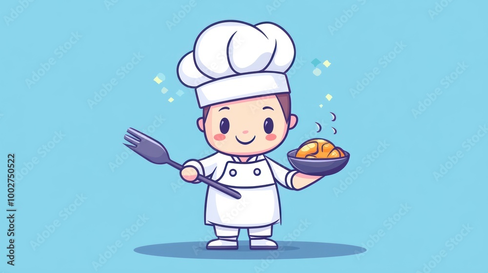 A cute cartoon chef holding a fork and a pan of food. A cute cartoon chef holding a fork and a pan of food.