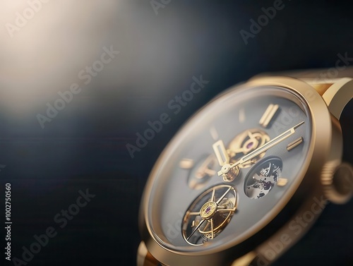 Elegant gold watch with intricate details, set against a dark background, showcasing luxury and craftsmanship. photo