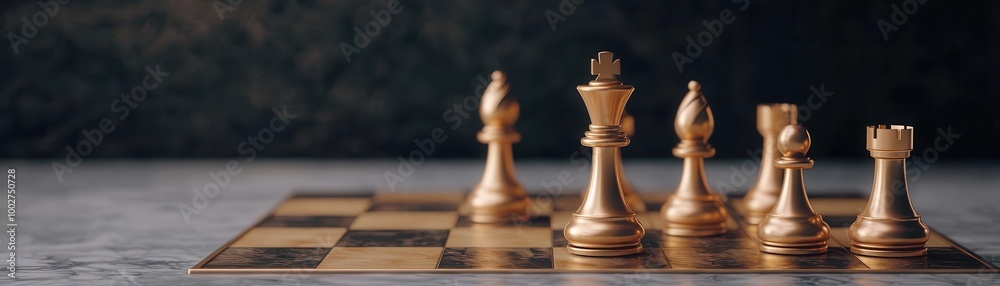 Elegant golden chess pieces on a checkered board, showcasing strategy and intellect. Elegant golden chess pieces on a checkered board, showcasing strategy and intellect.