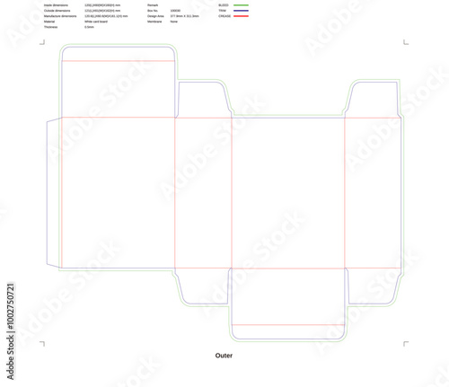 Mockup of unfolded flattened customizable rectangular box
Custom dimensions reverse straight tuck end boxes double tray dieline