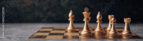 Elegant golden chess pieces on a checkered board, showcasing strategy and intellect.