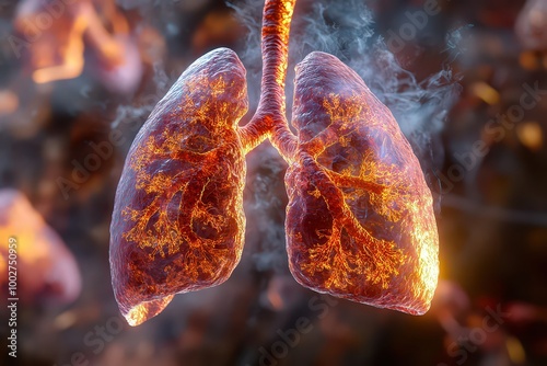  image presents 3D rendering of lungs affected by chronic bronchitis, highlighting inflamed bronchi, excessive mucus production, and airway constriction associated with long-term respiratory illness.