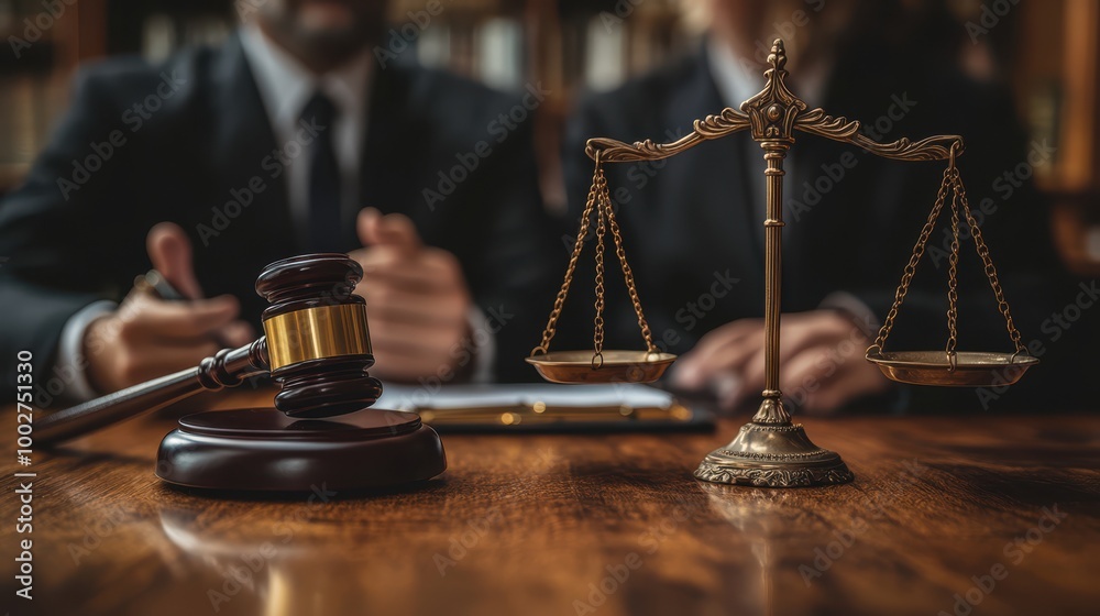 Gavel and scales symbolize justice in a legal office setting