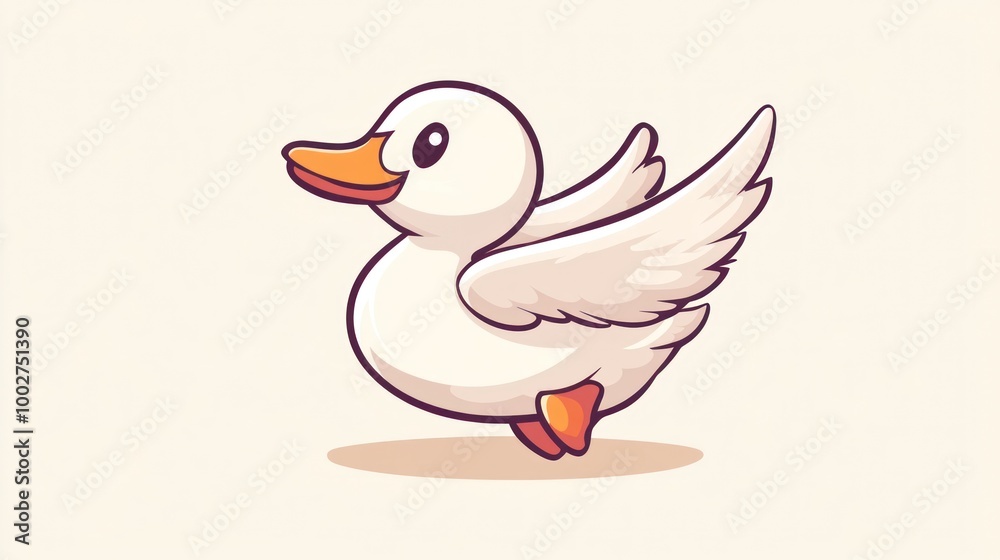 Fototapeta premium Cute cartoon duck flying with wings spread.
