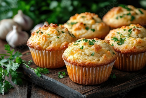  Freshly baked savory muffins with herbs and cheese, offering a delicious and aromatic treat for breakfast or a snack.