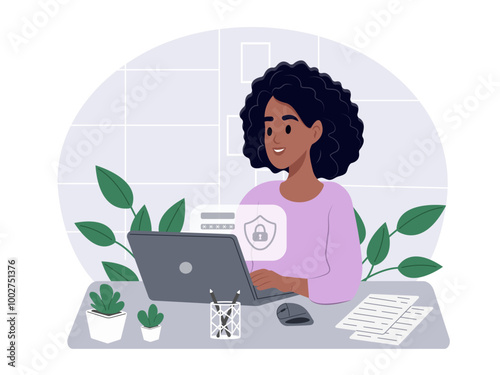 Cyber Security Awareness Month. Woman uses a password to enter his personal account. Vector flat illustration