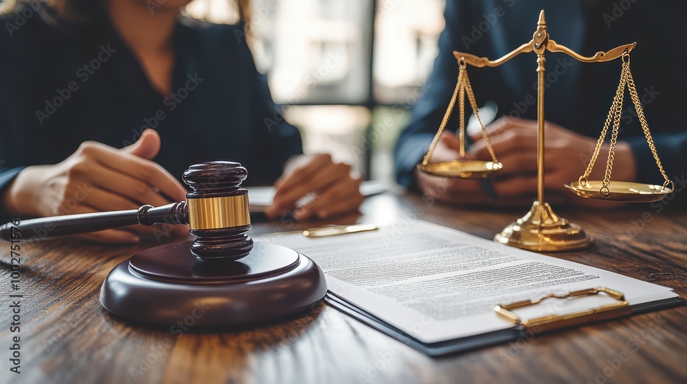 Gavel and scales symbolize justice in a legal office setting Gavel and scales symbolize justice in a legal office setting
