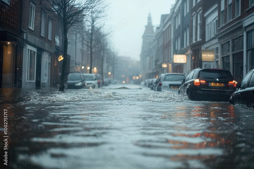 Fototapeta premium Flooded Streets in Coastal City After Heavy Rainfall
