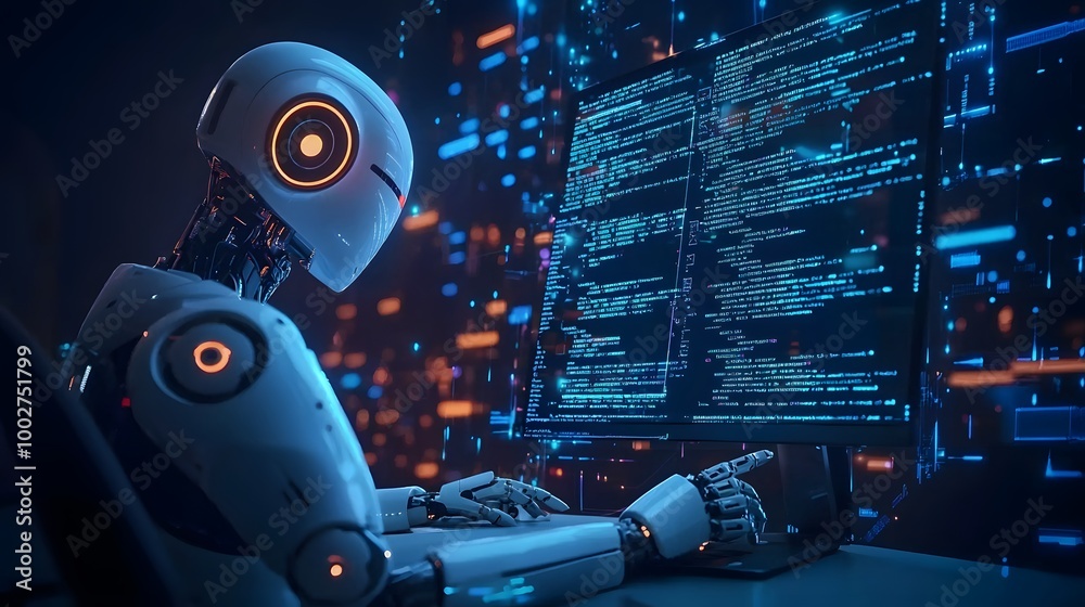Futuristic humanoid robot coding in a dark digital environment. Futuristic humanoid robot coding in a dark digital environment.