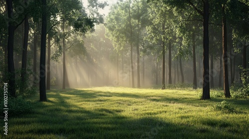 A tranquil forest at dawn, with light mist lingering among the trees and soft sunlight barely breaking through