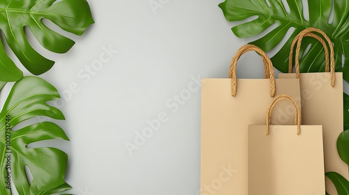 A flat lay featuring cardboard shopping bags and fresh eucalyptus leaves arranged beautifully on a gray background, ideal for promoting eco-friendly practices and a sustainable lifestyle photo