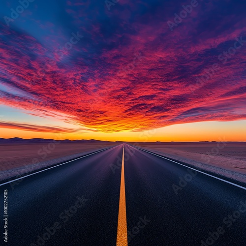 Desert highway at dawn, with pink and orange hues filling the sky, empty road stretching far, Highway landscape, Desert sunrise