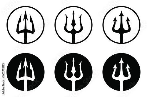 Trident vector icon set in black circle isolated on white background. Vector black logo set of tridents in circle Triton, Neptune, Poseidon. Flat design. Vector illustration.