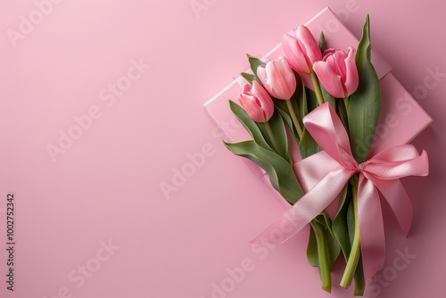 Gift Box with Pink Ribbon and Tulips on Soft Pink Background: Romantic Floral Arrangement for Spring Celebration