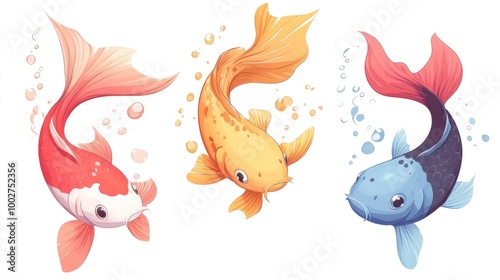 Three cartoon fish with colorful scales swimming with bubbles.