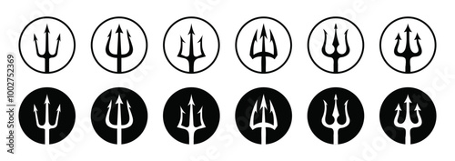 Trident icon set in circle shape vector illustration isolated on white background. Vector black logo set of tridents in circle Triton, Neptune, Poseidon. Flat design.