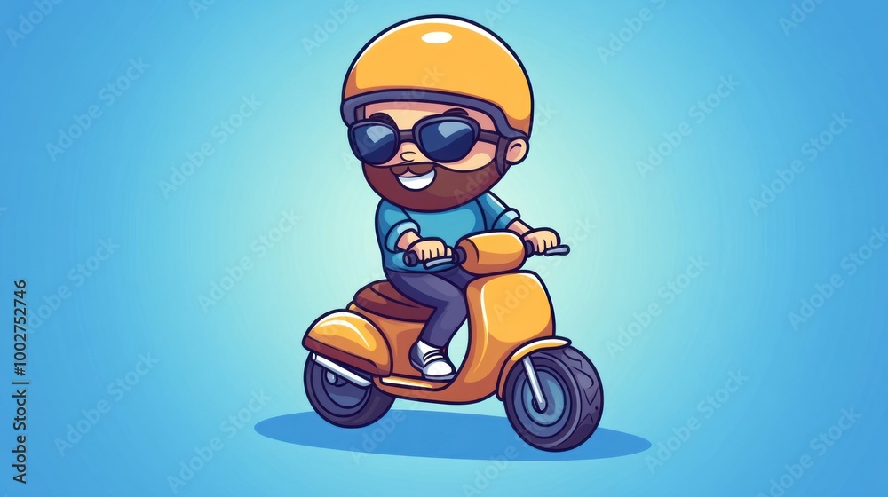 Obraz premium Cartoon illustration of a man riding a scooter with a yellow helmet and sunglasses.