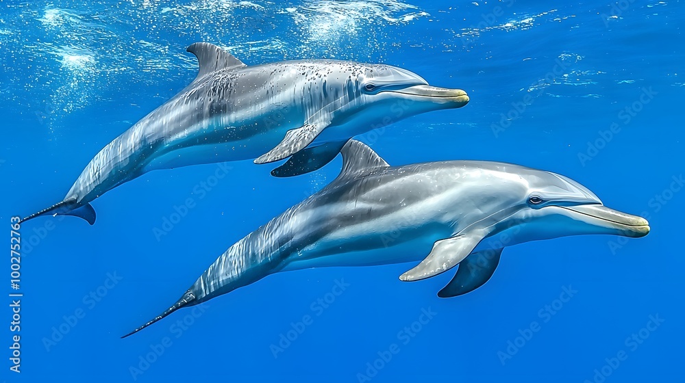 Naklejka premium Two playful dolphins swimming gracefully through clear blue waters.