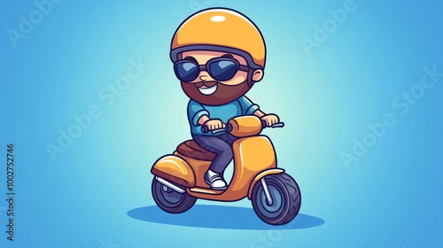 Cartoon illustration of a man riding a scooter with a yellow helmet and sunglasses.