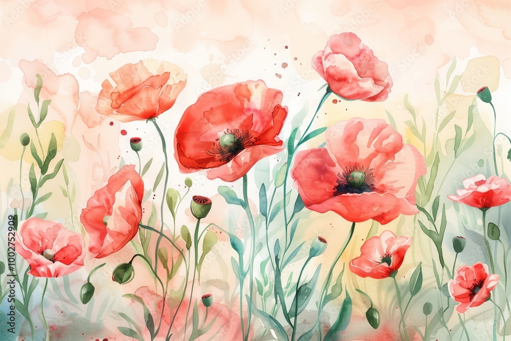 A watercolor painting of a field of flowers with a blue background A watercolor painting of a field of flowers with a blue background