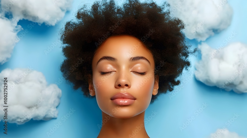 Serene Woman with Afro Hair Against Dreamy Cloudy Sky Background Serene Woman with Afro Hair Against Dreamy Cloudy Sky Background