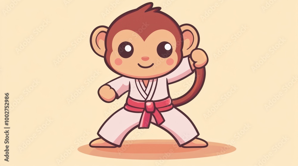 Cute cartoon monkey wearing a white karate uniform with red belt, practicing karate. Cute cartoon monkey wearing a white karate uniform with red belt, practicing karate.