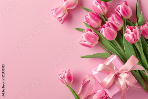 Gift Box with Pink Ribbon and Tulips on Soft Pink Background: Romantic Floral Arrangement for Spring Celebration