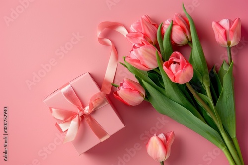 Gift Box with Pink Ribbon and Tulips on Soft Pink Background: Romantic Floral Arrangement for Spring Celebration