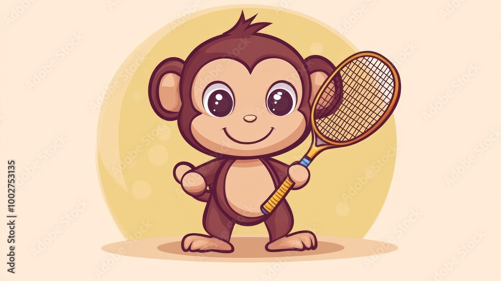 Obraz premium Cute cartoon monkey holding a tennis racket.