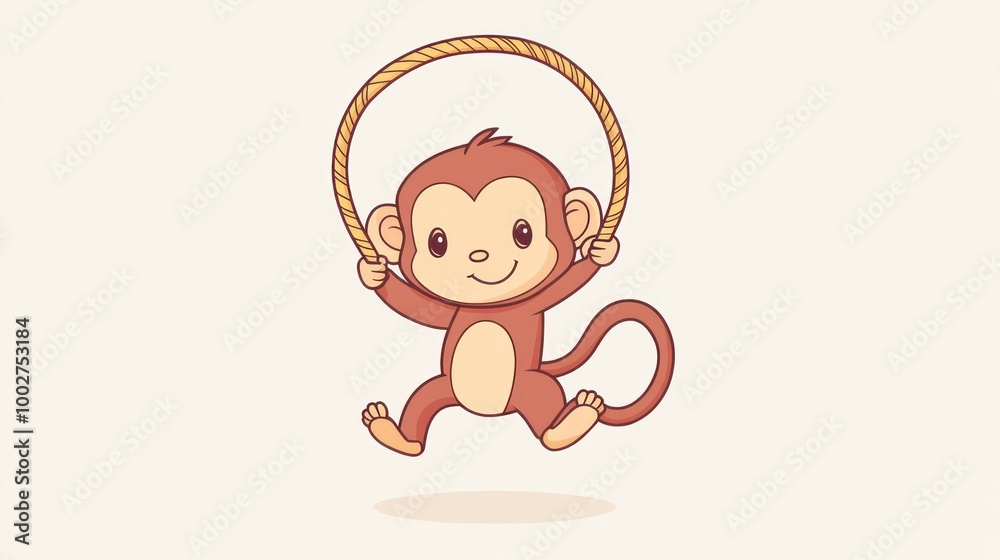 A cute monkey cartoon character hanging from a rope.