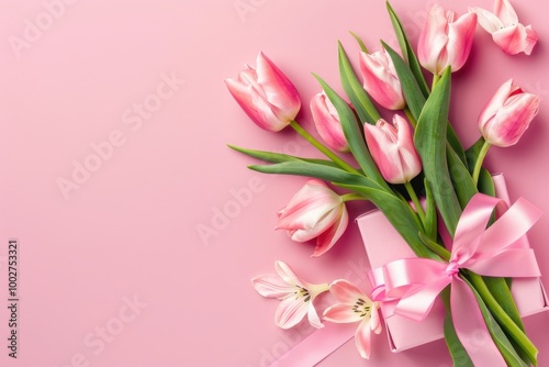 Gift Box with Pink Ribbon and Tulips on Soft Pink Background: Romantic Floral Arrangement for Spring Celebration