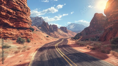 A winding desert road surrounded by red rock formations, ultra detailed photo