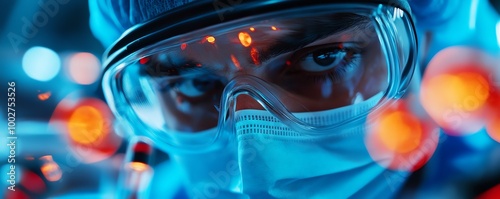 Researcher wearing protective gear, manipulating cell samples in a controlled bio lab environment, Biological lab, Cell manipulation