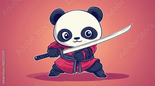 Cute panda cartoon character dressed as a samurai warrior, holding a katana sword with a red background. photo