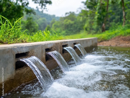 Water flowing from a concrete channel into a serene natural setting surrounded by greenery.