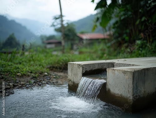 Water flowing from a concrete channel in a natural landscape surrounded by greenery and mountains.