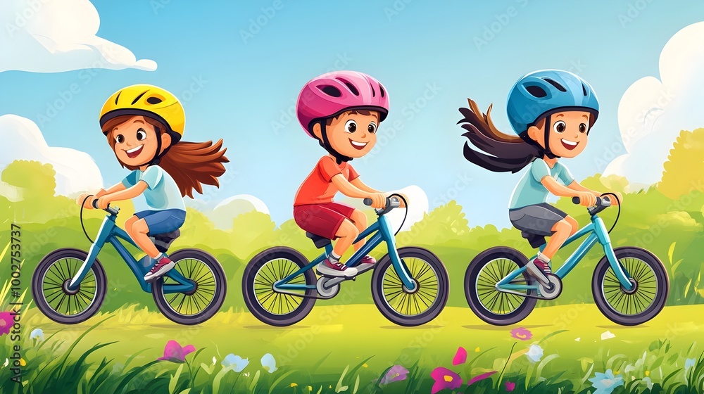 Cheerful Children Riding Bicycles in Outdoor Nature Landscape Cheerful Children Riding Bicycles in Outdoor Nature Landscape