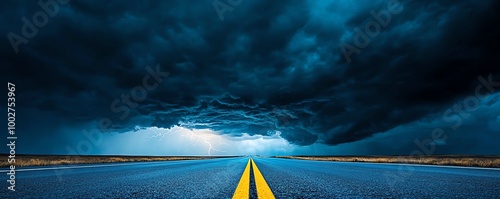 Straight highway under a dramatic stormy sky, with distant lightning illuminating the clouds, Highway landscape, Stormy highway photo