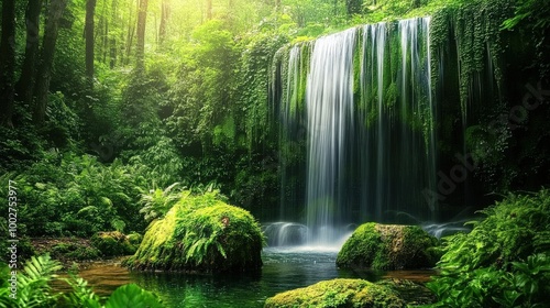 Water cascades elegantly over rocks, creating a peaceful atmosphere in the heart of a vibrant forest. Sunlight filters through the trees, illuminating the scene