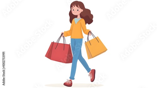 Cheerful Woman With Shopping Bags Strolling Down City Street