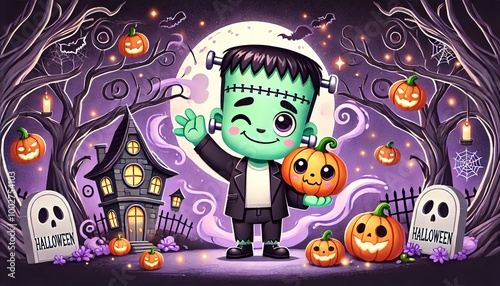 Playful Cartoon Frankenstein with Old Spooky House in a Whimsical Halloween Setting 2