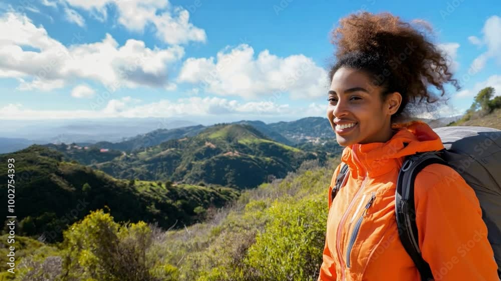 A young black woman enjoys a sunny hike in the hills, admiring the beautiful landscape on a clear day A young black woman enjoys a sunny hike in the hills, admiring the beautiful landscape on a clear day