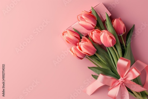 Gift Box with Pink Ribbon and Tulips on Soft Pink Background: Romantic Floral Arrangement for Spring Celebration