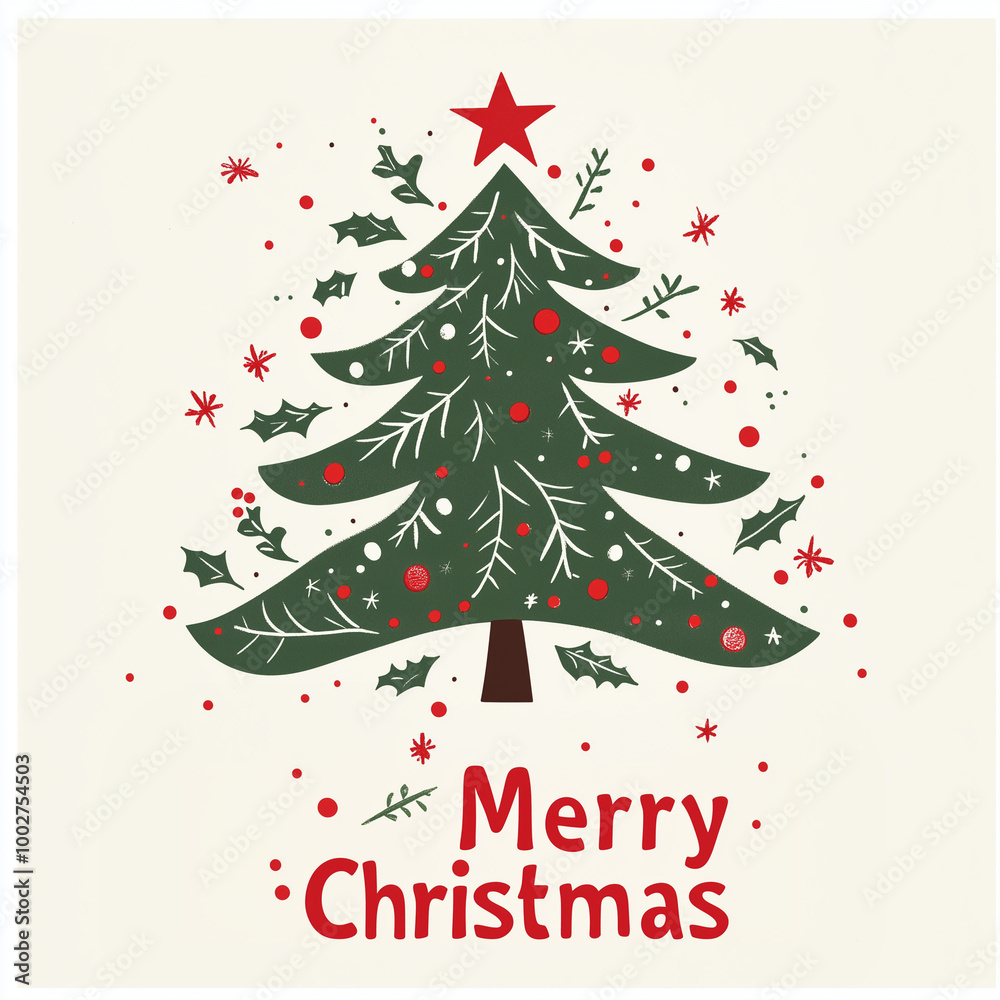 Festive Christmas greeting design with a stylized tree, red script 'Merry Christmas', holly leaves, berries, and snowflakes. Perfect for holiday cards, decorations, and New Year celebrations. Festive Christmas greeting design with a stylized tree, red script 'Merry Christmas', holly leaves, berries, and snowflakes. Perfect for holiday cards, decorations, and New Year celebrations.