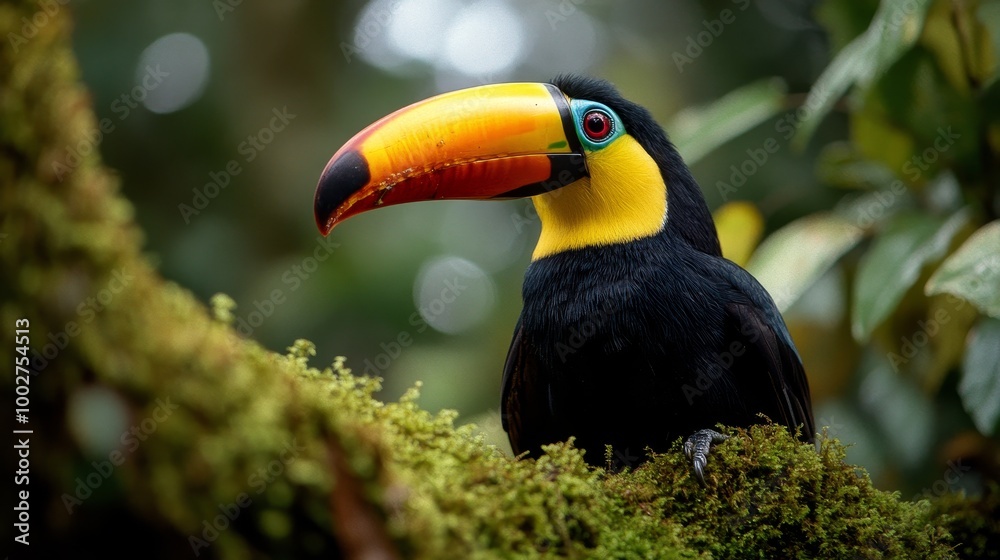 Naklejka premium Toucan on a branch in the forest, green vegetation, copy space, colorful wallpaper
